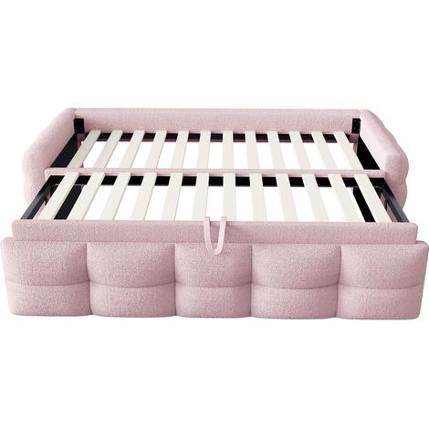 Lit extensible capitonné en tissu Teddy rose 90/180 x 190 cm avec sommier à lattes (1/5)