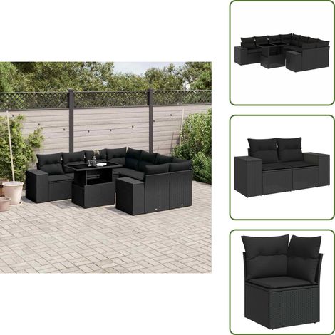 Salon de jardin 9 pcs avec coussins noir résine tressée - Ensemble Salon De Jardin - Meuble Extérieur - Salon De Jardin Pliable - Table Extensible - Chaise Lounge (1/5)