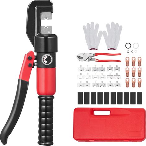 Mophorn Herramienta de engarce , AWG122/0, crimpadora hidráulica para terminales de batería de cobre y aluminio con alicates de corte, guantes, 10 conectores de anillo de cobre, 8 manguitos termorretr