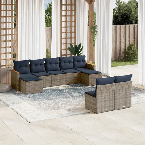 9-teiliges Gartensofa-Set mit Kissen, grau, Polyrattan (1/5)