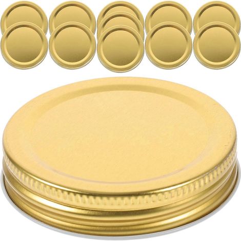 Lot de 10 couvercles à large ouverture (70 mm) pour bocaux Mason, en métal doré, avec joint hermétique étanche, parfaits pour les yaourts, confitures et miels. (1/3)