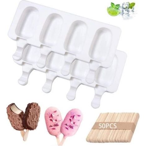 Moules à Glace Silicone,Moule Magnum Cake,2PCS+50PCS Baton De Glace,Glace Maison Popsicle,Sans Bpa Moule Glace AntiadhéSif (1/4)