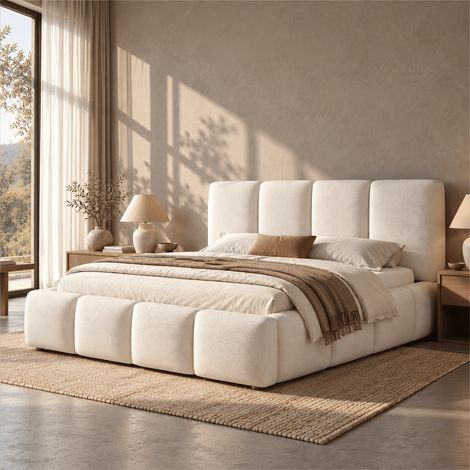 Lit Coffre 160x200 cm avec Rangement Hydraulique, Lit double, Tête de Lit Rembourrée, Design Nuage, Sommier à Lattes, Bouclé Blanc (1/5)