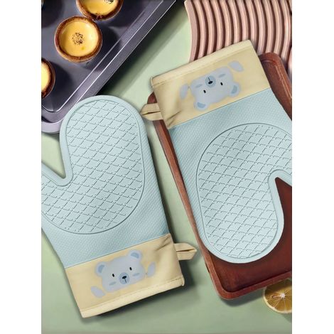 Gants de four en silicone résistants à la chaleur et anti-brûlure, antidérapants pour la cuisine et la pâtisserie, motif ours bleu. (1/4)