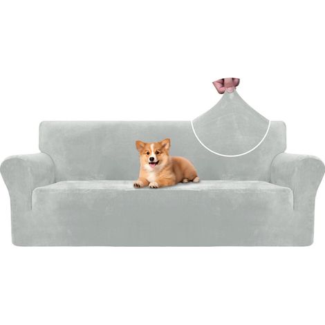 Samt Sofa Überzug 3 Sitzer, elastisch, rutschfest, haustierfreundlich, silbergrau (1/5)