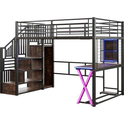 Cama alta 140 x 200 cm con escritorio, armario, escalera de almacenaje y LED negra HOMVRA (1/5)