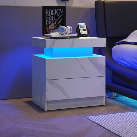 Table de chevet blanche moderne avec éclairage LED et 2 tiroirs, design fonctionnel et élégant pour chambre, rangement pratique (1/5)