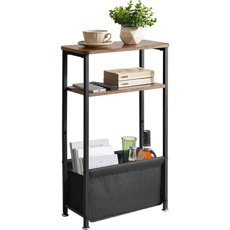 Table d’Appoint étroite avec Rangement, Bout de Canapé fine à 3 Niveaux pour Petits Espaces, 40 x 20 x 66 cm, Table de Chevet avec Panier en Tissu pour Chambre, Salon, Marron Rustique (1/5)