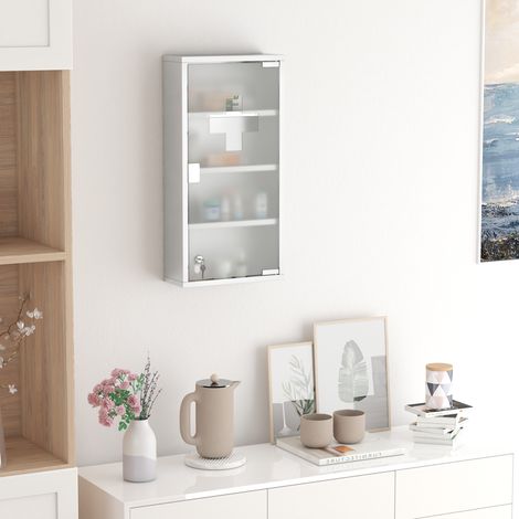 Medizinschrank mit 3 Ablagen, 4 Ebenen, 30 x 12 x 60 cm (L x B x H), Tür aus gehärtetem Glas, Kreuzsymbol, gebürsteter Edelstahl