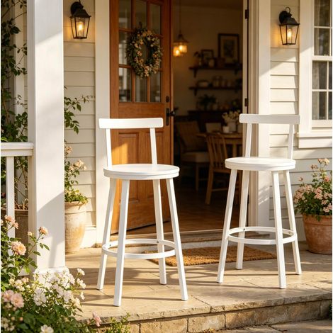 Taburete de bar blanco con respaldo curvado, asiento de MDF y estructura metálica HAVRYA (1/5)