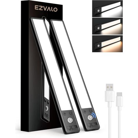 Lampe Sous Meuble 25 cm, 80 LED Rechargeable USB avec Détecteur de Mouvement, Lampe de Placard 2400 mAh 3 Températures de Couleur, Éclairage Intérieur Sans Fil, Noir (2 Pièces) (1/5)