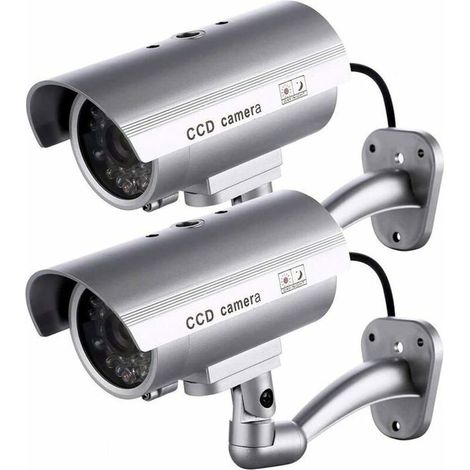Lot de 2 caméras factices – Forme balle, LED clignotante – Dissuasion, intérieur/extérieur – Argent (1/4)