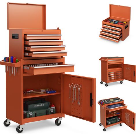 Servante d’Atelier à Outils 4 Tiroirs Compartiment Amovible Etagère Orange (1/5)