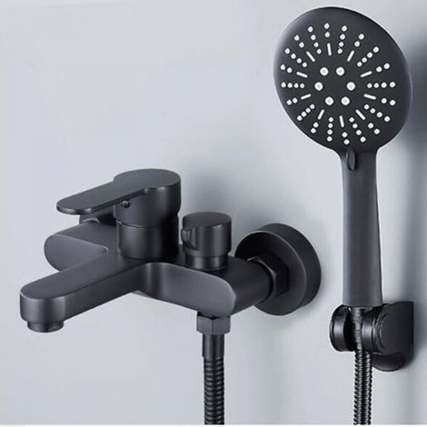 Mitigeur Baignoire Noir avec Douchette 3 Jets - Robinet Douche Mural - Monocommande pour Bain avec Support et Flexible (1/4)
