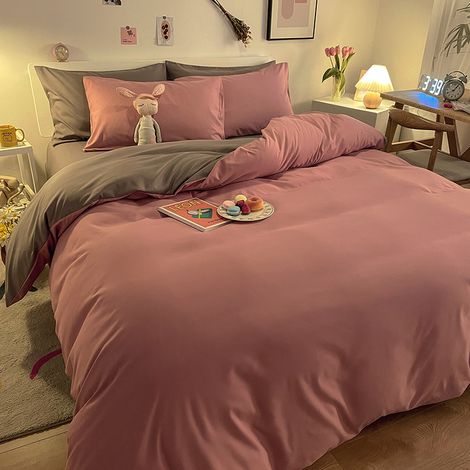Dicke, gebürstete Waschbaumwoll-Bettwäschehülle im Ins-Studentenstil, 4-teiliges Bettwäsche-Set mit Spannbettlaken für 180x200 cm Bett, Altrosa und Hellgrau-lsw