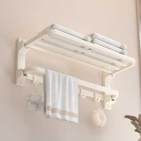 Porte-Serviettes sans perçage - Blanc - Porte Serviettes de Salle de Bain - Montage Mural - avec 5 Crochets pour Serviettes de Bain (1/5)