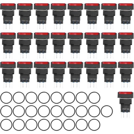 25 Interrupteurs à impulsion auto-verrouillants rectangulaires lumineux 220V BEMLA1622DSJ 16mm (Rouge) (1/5)