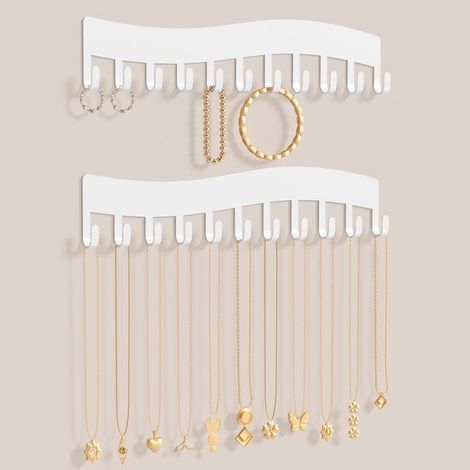 Porte-bijoux mural – Support pour colliers, bracelets et boucles d’oreilles – Rangement suspendu, lot de 2, blanc (1/5)