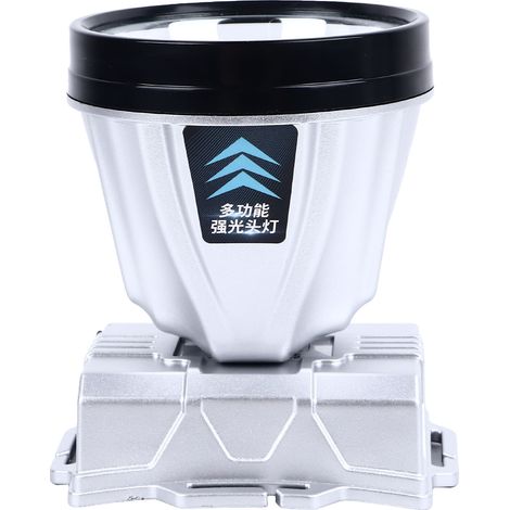 Lampe frontale ultra-lumineuse avec indicateur de batterie, 1600 mAh, argentée, étanche, 2 niveaux d'intensité, rechargeable, portable, idéale pour la pêche (lumière blanche).