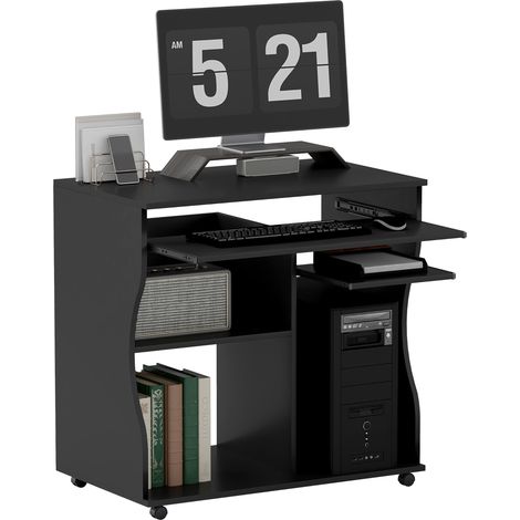 Computertisch mit Rollen, Schreibtisch mit Stauraum, 80 x 48 x 75 cm, Schwarz