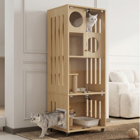 Maison pour chats 60x50x156 cm en MDF et verre, naturelle, avec roulettes, pour salon – MEUBLIV (1/5)