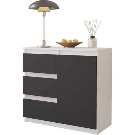 Kommode 80 cm, mattweiß/anthrazit, mit 3 Schubladen, 1 Tür und Ablagefach