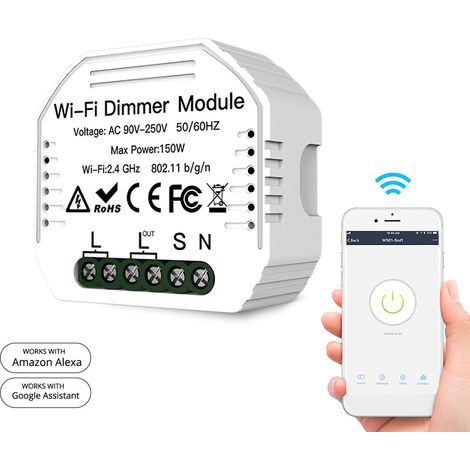 90–250 V WLAN-Dimmermodul, Dimmerschalter, intelligenter Lichtschalter, 2-Wege-Schalter, Sprachsteuerung, App-Fernbedienung, Timerfunktion, Mini-Design (1/5)