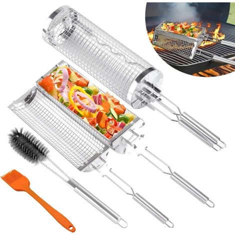 cestas rodantes para barbacoa con asa de acero inoxidable, diseño de apertura lateral, cepillo de limpieza, accesorios para barbacoa para verduras, carne y mariscos - (1/5)