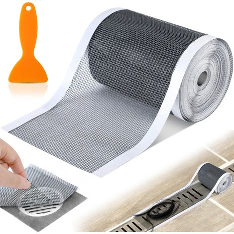 Lot de 1 – Grille adhésive jetable et découpable (4 po x 33 pi) pour siphon de douche linéaire – Filtre attrape-cheveux – Avec outil de retrait (1/4)