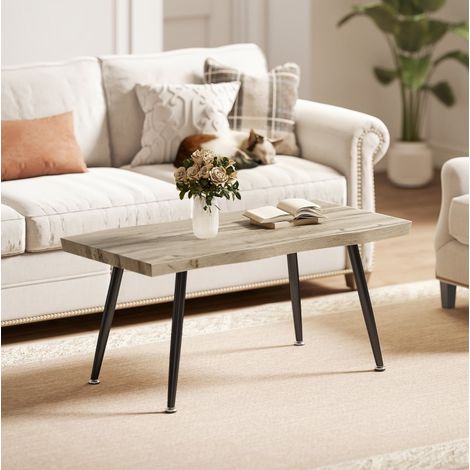 Tavolino da salotto rettangolare 100 x 50 x 45 cm, piano 4 cm, gambe in acciaio, rovere e nero (1/5)