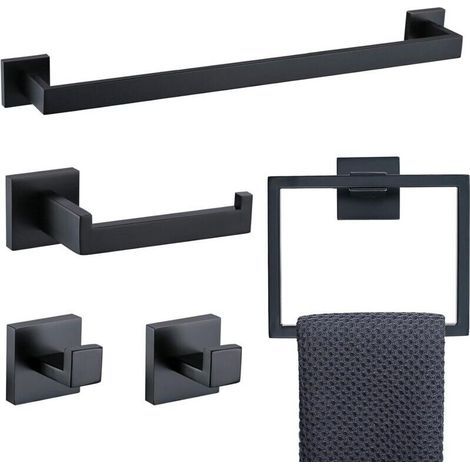 Ensemble d'accessoires de salle de bain 5 pièces en acier inoxydable noir mat et or brossé , porte-serviettes et 2 crochets pour serviettes , fixation murale en acier inoxydable (noir) (1/4)