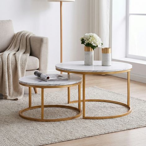 Set di 2 Tavolini da Salotto Rotondi, Tavolini da Caffè Gigognes Sovrapponibili, Design Moderno in Legno Effetto Marmo e Metallo, Oro