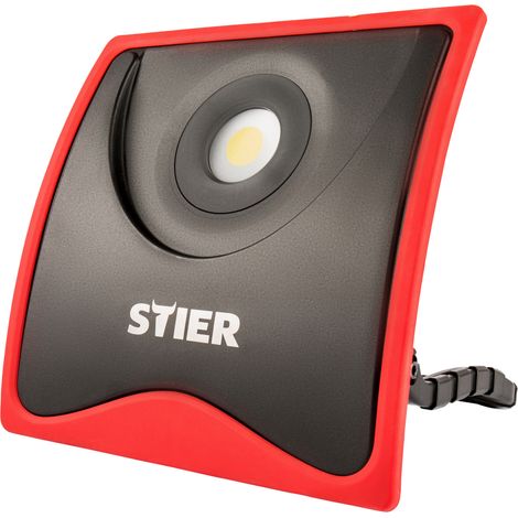 STIER COB LED Baustrahler, 5500 Lumen, 55W, Baulampe mit flexiblem Standfuß und 2 SchuKo Steckdosen und Aluminiumgehäuse, Baustellenlampe mit Überpsannungsschutz (1/5)