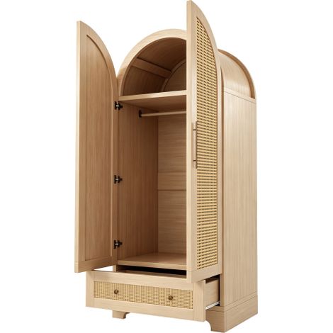Armoire (70 x 55 x 170 cm) à deux portes, tiroirs et étagères panneaux de porte effet rotin et finition bois. (1/5)