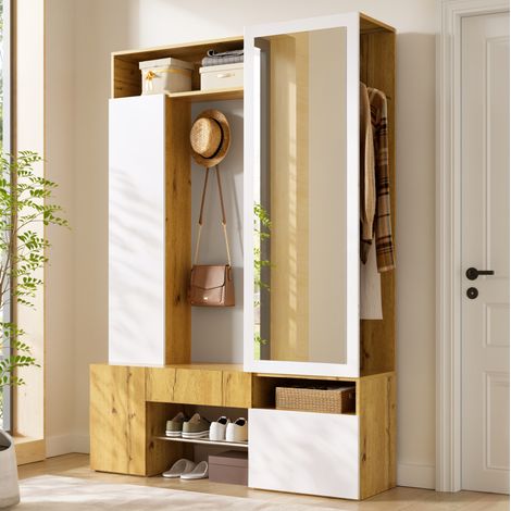 Garderobe con espejo (127x35x180.5 cm), armario para entrada con zapatero y barra, MDF, blanco y natural (1/5)