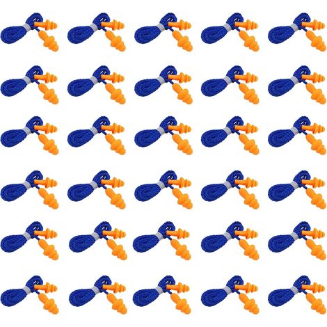 Lot de 30 paires de bouchons d'oreilles filaires réutilisables en silicone avec annulation du bruit - Protection auditive (orange) (1/5)