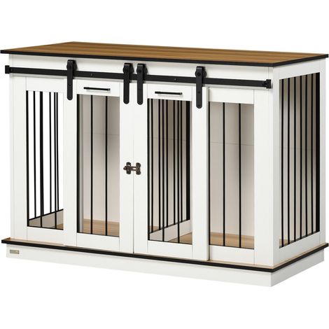 Jaula para Perros, Jaula para Mascotas, Casa para Perros con Opción de Dos Habitaciones para Perros Medianos, Jaula para Perros con Puertas Dobles, Casa para Perros, Blanco, 120 x 60 x 88,5 cm Aosoma