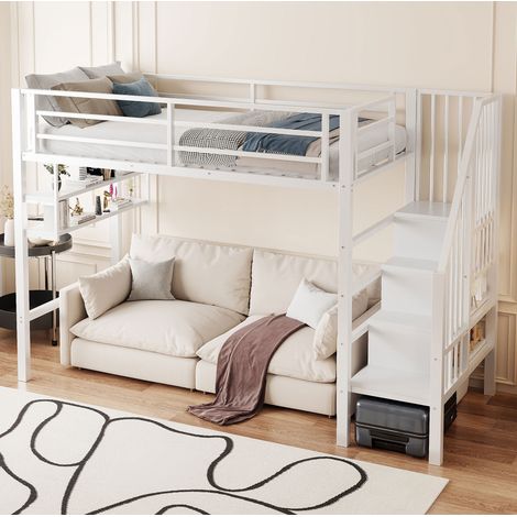 Letto a soppalco 90x200 cm bianco in metallo e MDF con scaffali e scala contenitore (1/5)