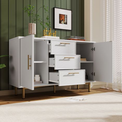 Credenza in truciolare bianco con 2 ante e 3 cassetti, 120x40x75 cm, 2 ripiani regolabili