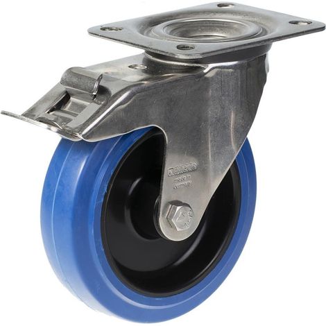 Roue pivotante et freinée de 125 mm en acier inoxydable avec disque en nylon et caoutchouc élastique bleu (1/5)
