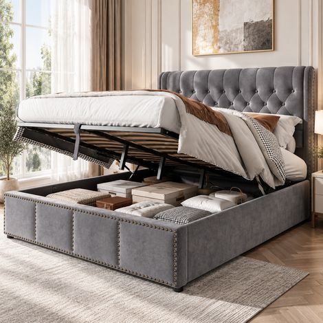 Lit coffre 160 x 200 cm,lit double avec sommier,cadre de lit avec tête de lit capitonné,lit 2 personnes,système hydraulique,velours gris