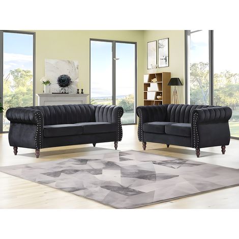 Canapés chesterfield 3 places et 2 places en velours noir TRUMBO (1/4)