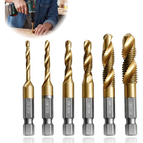 Lot de 6 Forets Taraudeurs Combinés M3 M4 M5 M6 M8 M10 avec Tige Hexagonale 6 mm, Kit Taraudage Foret Taraud Machine pour Perçage et Filetage Simultané, Outil Métal Antirouille (1/5)