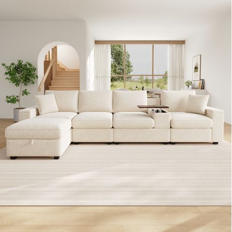 Divano modulare angolare beige in chenille con pouf, porta USB Type-C e contenitore (1/5)