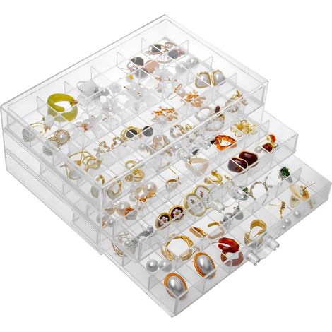 Ohrring-Aufbewahrungsbox mit 3 Schubladen – Transparenter Schmuckorganizer mit Fächern – Geschenkidee für Frauen und Mädchen (72 Fächer, transparentes Acryl)