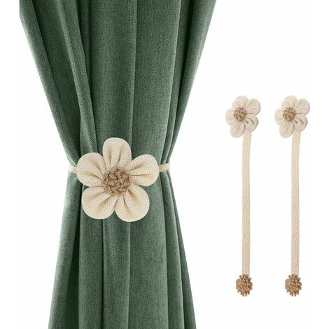 Abrazaderas magnéticas para cortinas con hebillas, paquete de 2, decorativas de lino trenzado con diseño de girasol, grandes, con cordón, accesorios de decoración para el hogar, blanco y beige. (1/4)