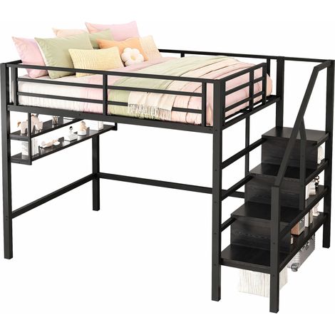 Lit mezzanine enfant 140 x 200 cm avec étagères, escalier de rangement, garde-corps et espace libre dessous, structure métal et MDF noir - CHICFURN (1/5)