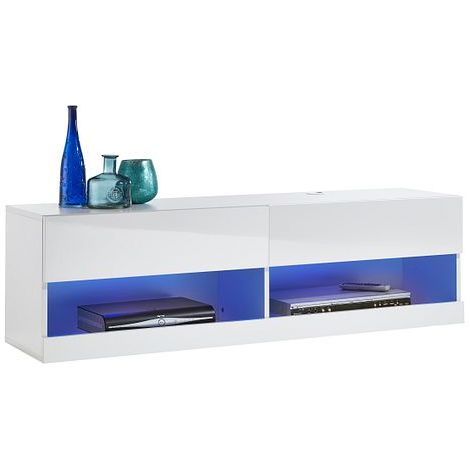 Modern White Large Gloss and Matt Floating Wall Mounted TV Cabinet with LED lights 140cm wide x 33cm deep x 40cm tall (1/4)