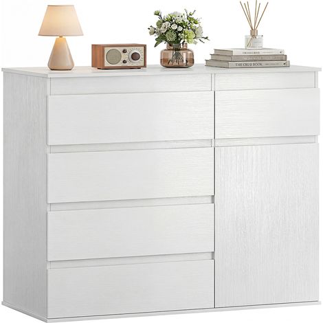 Credenza da soggiorno, mobile contenitore con 5 cassetti, ripiano regolabile e anta con chiusura ammortizzata, 100 x 40 x 80 cm, bianco