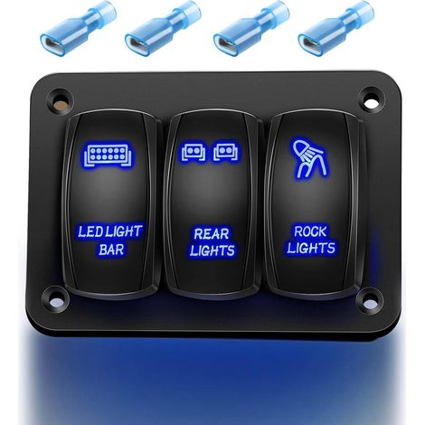 3Voies (Barre Lumineuse LED + Feux arrière + Feux de Roche) Interrupteurs Bleus Panneau en Aluminium 5Broches on Off Panneau D'interrupteur à Bascule précâblé étanche 12V 24V DC (1/5)
